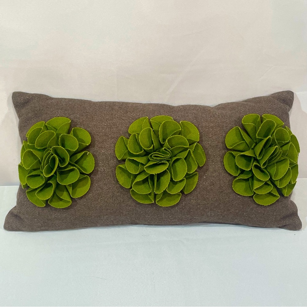 Decorative Wool Blend accent Pillow 3-D felted Green Flowers Rectangle Brown